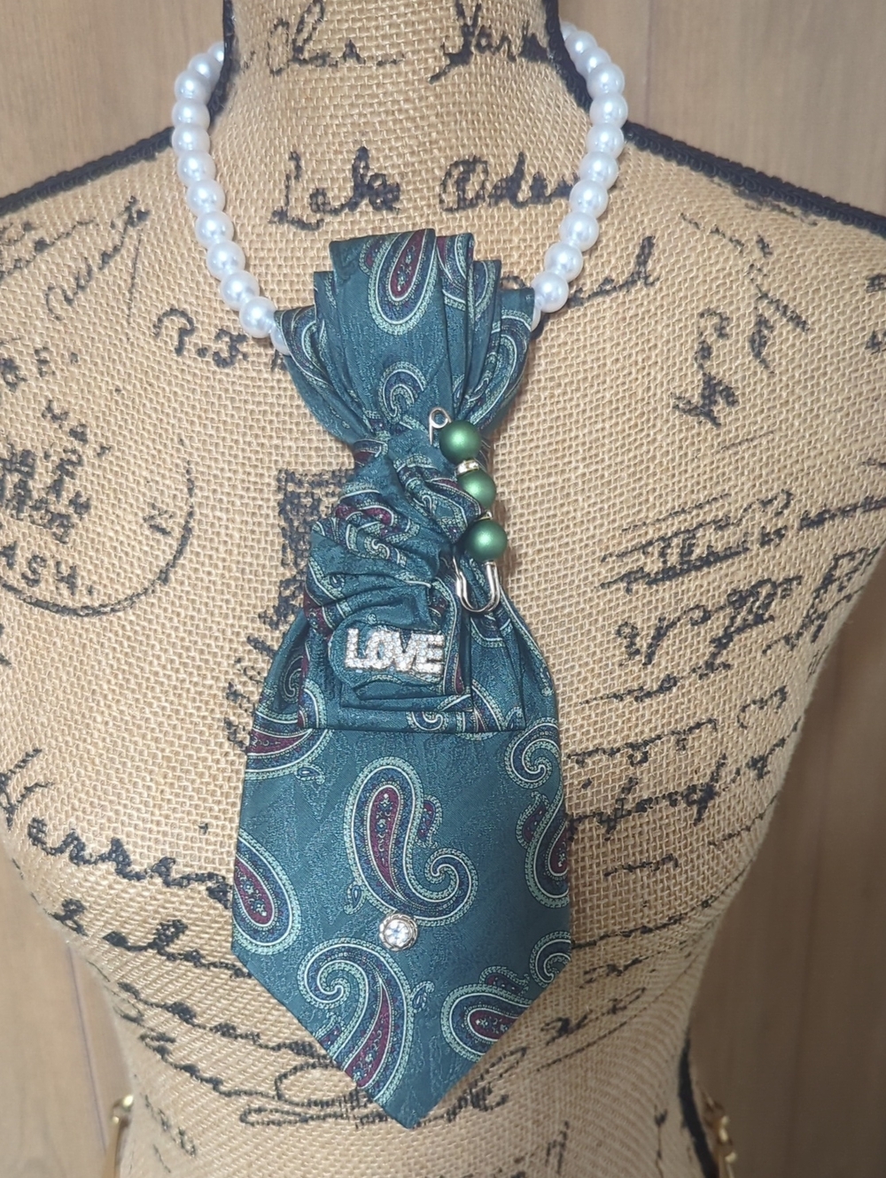 Necklace Not Included Green Paisley Decorative Tie with 'LOVE' Accent